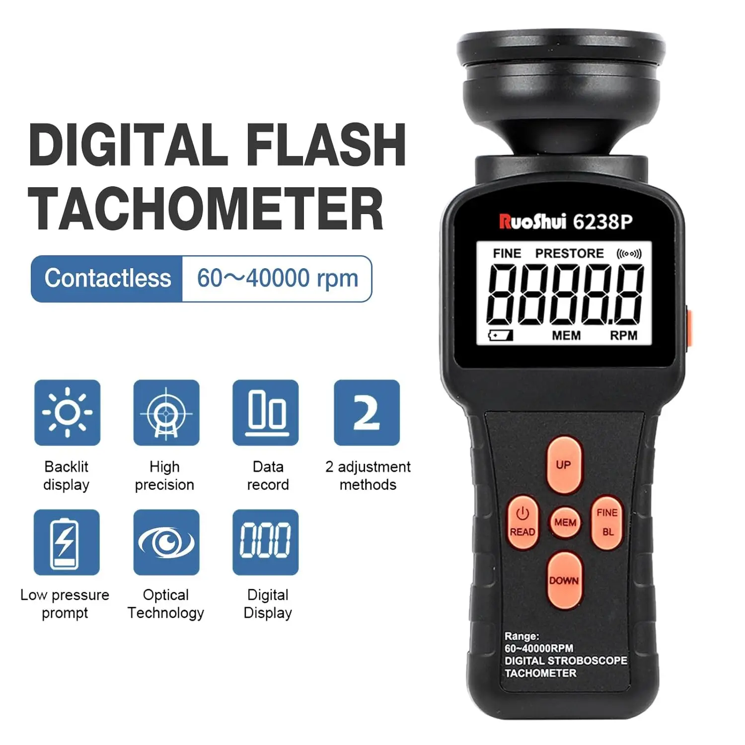 Tacómetro estroboscópico Digital 6238P, medidor de revolución fotoeléctrica de Flash sin contacto LCD, probador de velocímetro de 60-40000 RPM