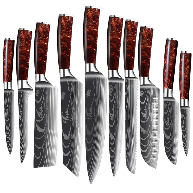 5 Hand Forged Damascus Steel Chef Kitchen Knife Set With Resin HANDLE  Leather Roll Bag , Christmas Gift, Chef Life , Kitchen Knife Set 