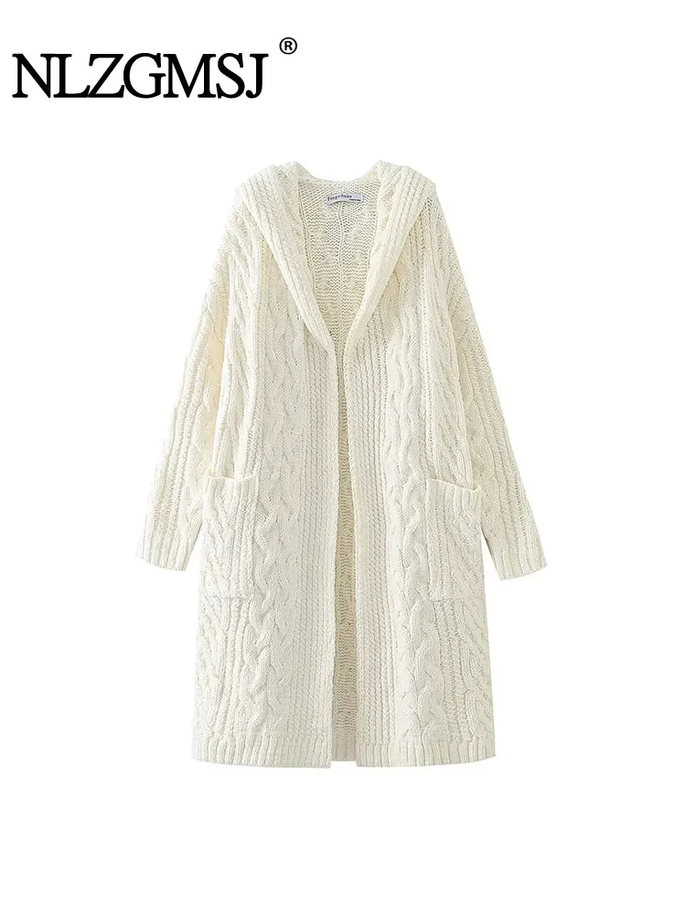 

Nlzgmsj TRAF Cardigan Sweaters Women Autumn Winter Pockets Cardigan Twist Knitted Mid-Length Coat Pull Femme