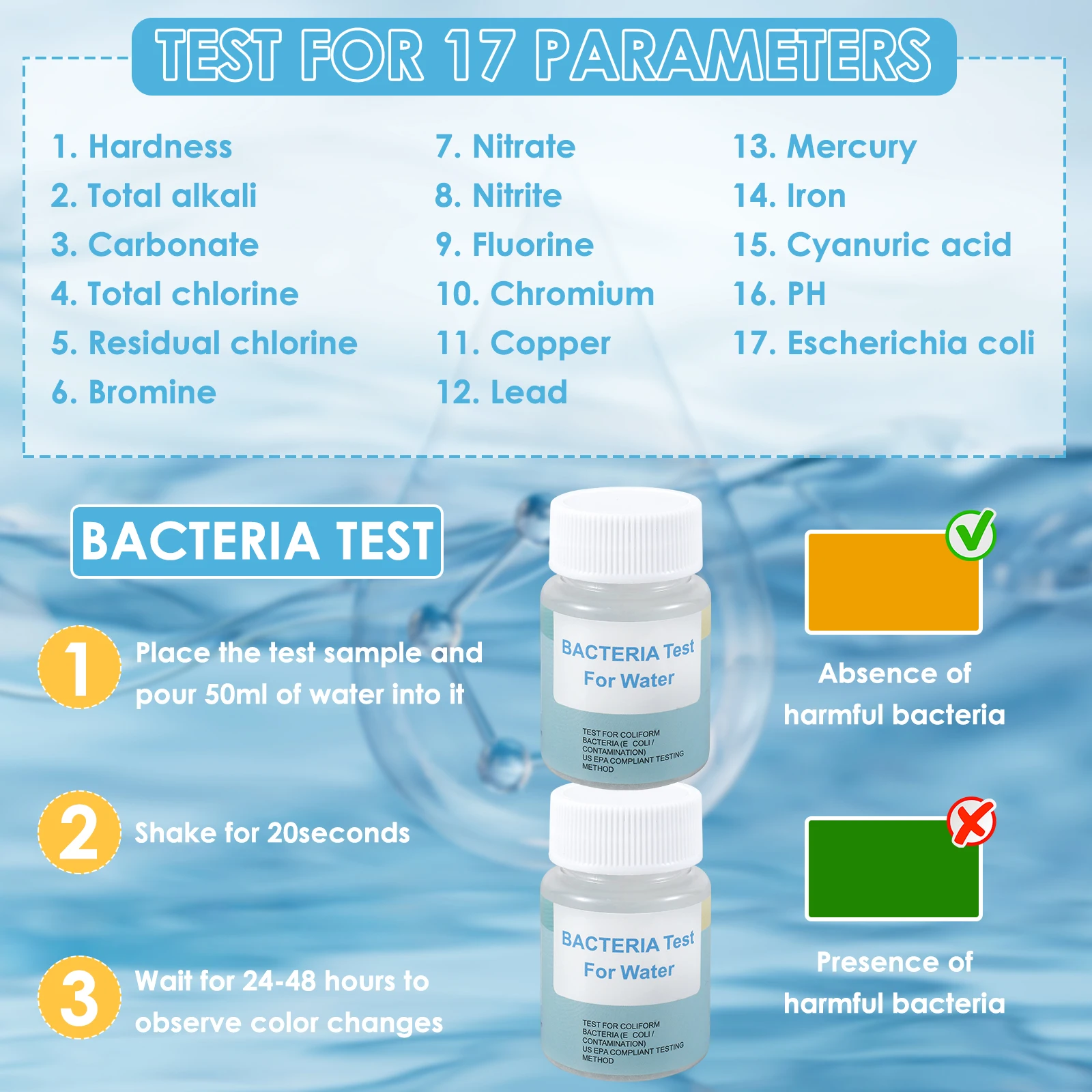Water Testing Kits with Tube Accurate Water Quality Test Kit for Well and Tap Water 100 Strips 2 E. coli Power Reliable Drinking