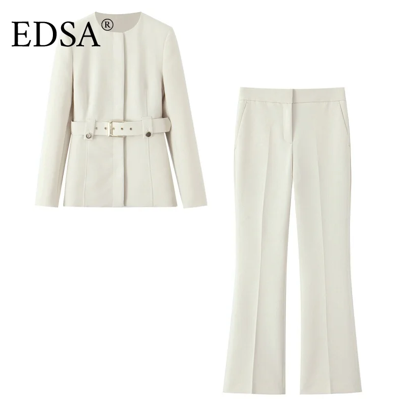 884475-3cee84.jpg EDSA Women Beige Pants Set O-Neck Blazer Jacket Office Lady High Waist Fitted Flared Long Trousers Female Suits - Image 1