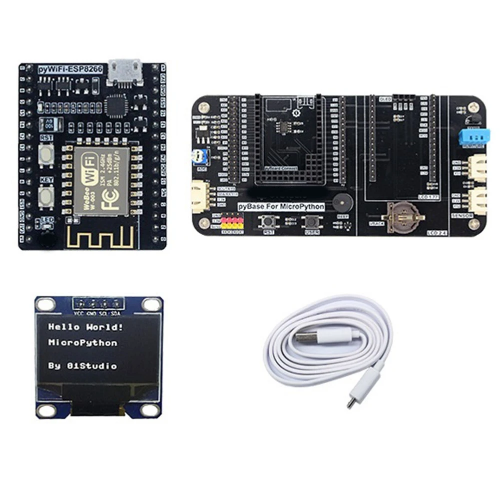 PyWiFi-ESP8266 макетная плата + PyBase + OLED-кабель 0,9 дюйма + USB-кабель Micro-Python IOT беспроводной комплект для обучения Wi-Fi