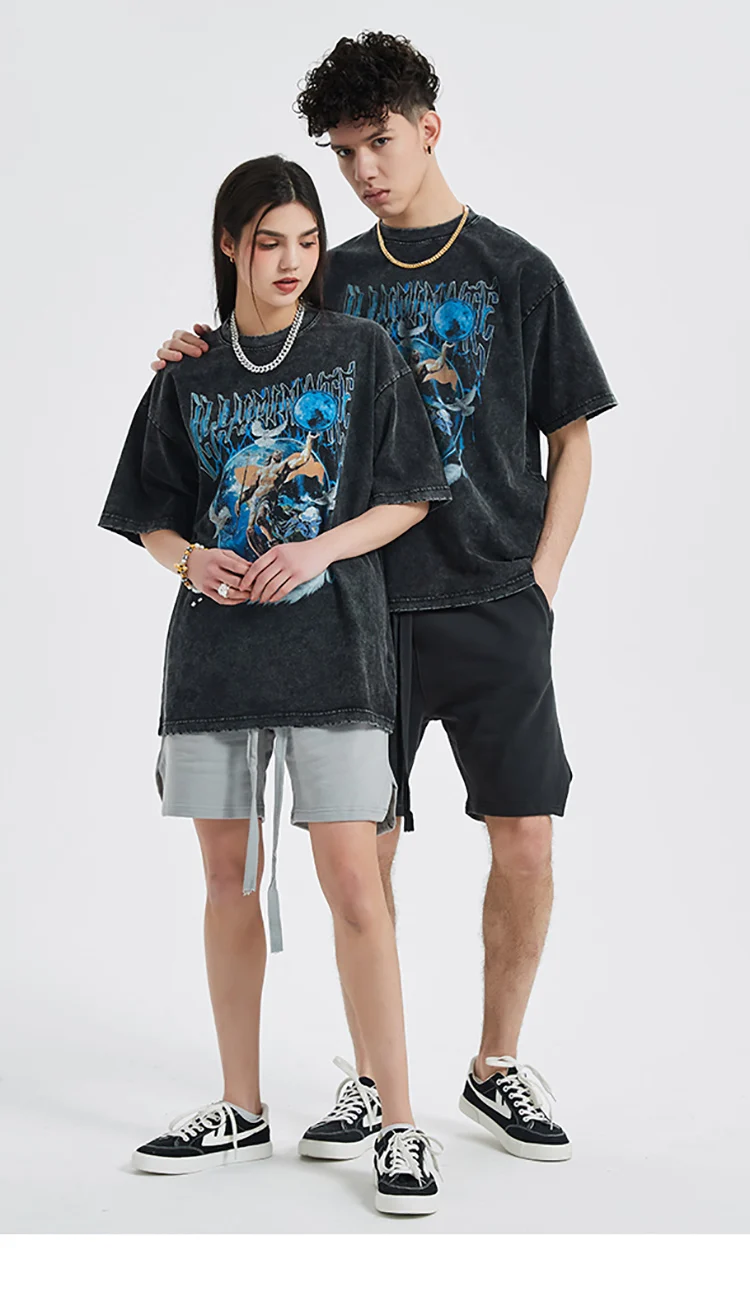 Streetwear Harajuku Washed T-Shirt Hip Hop Pigeon Feather