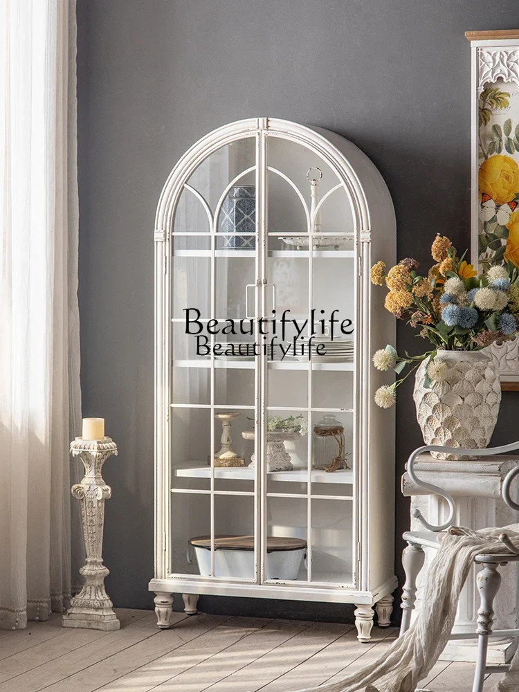 

French Retro Solid Wood Wall Display Cabinet Dining Room Locker Multi-Layer White Arched Bookcase