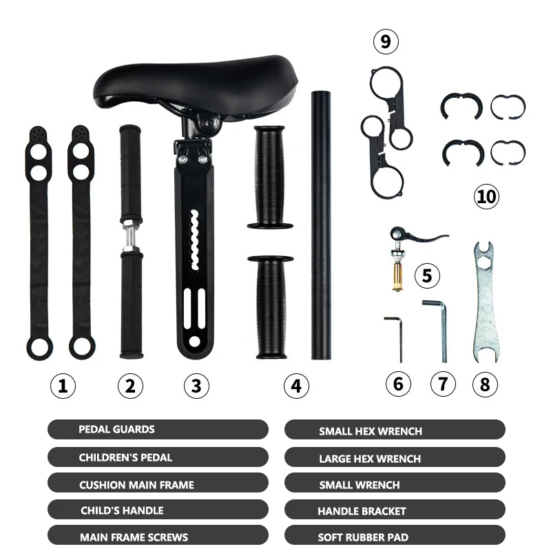 Universal Adjustable Front-Mounted Child Bike Seat with Safety Handlebar and Quick-Release Pelals