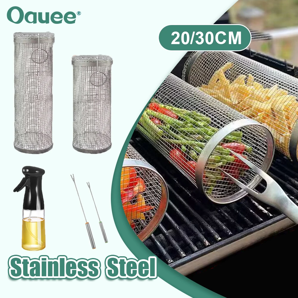 Kit Barbecue 8 Pièces - 2 Paniers Grill Acier Inox 304 (30 Cm Et 29 Cm) - Poignées Bois Amovibles - Fourchettes, Crochets, Brosse Inclus