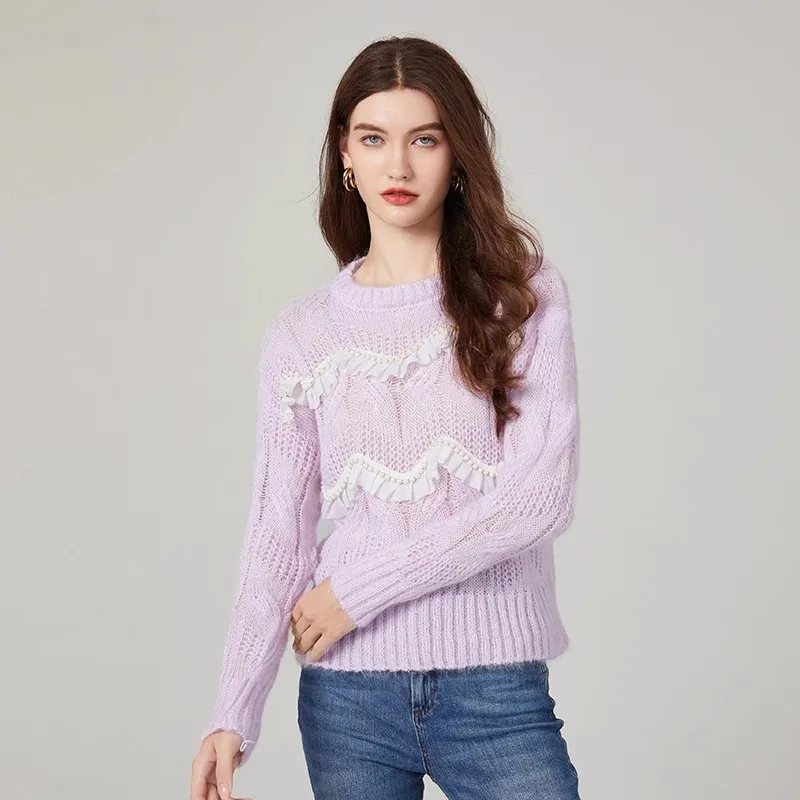 

Sweet Style New Fashion Women Beading Ruffles Soft Mohair Sweater Luxury Fall Winter Purple Knitting Hollow Out O Neck Pullovers