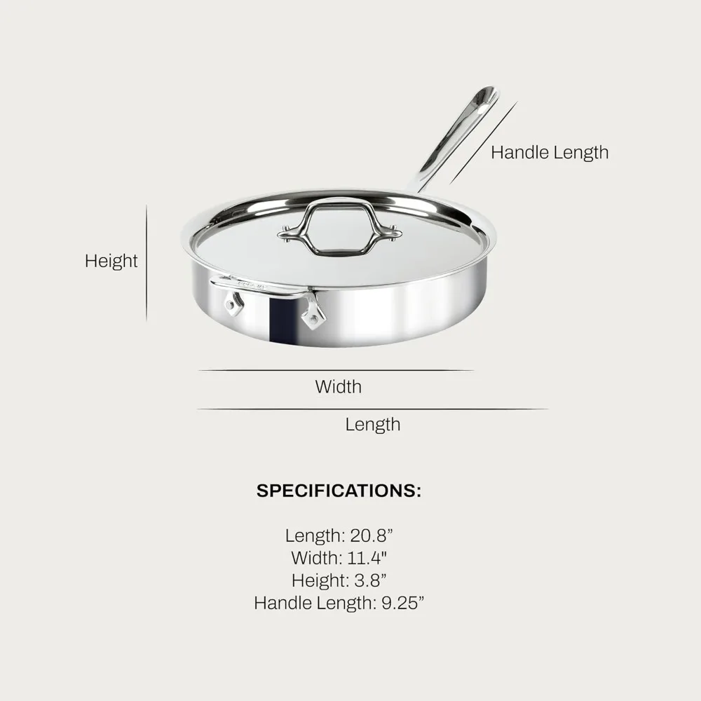 All-Clad D3 3-Ply Stainless Steel Sauté Pan with Lid & Handle 3 Quart, Induction, Oven Broiler Safe 600F, Multi-Cooktop, Deep Fr