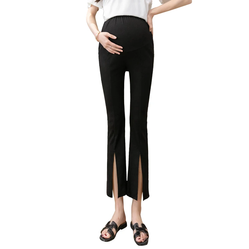 Black Grey High Waist Pregnant Women Trousers Summer Ankle-length Abdominal Flares Pants Front Split Maternity Boot Cut Culottes 5