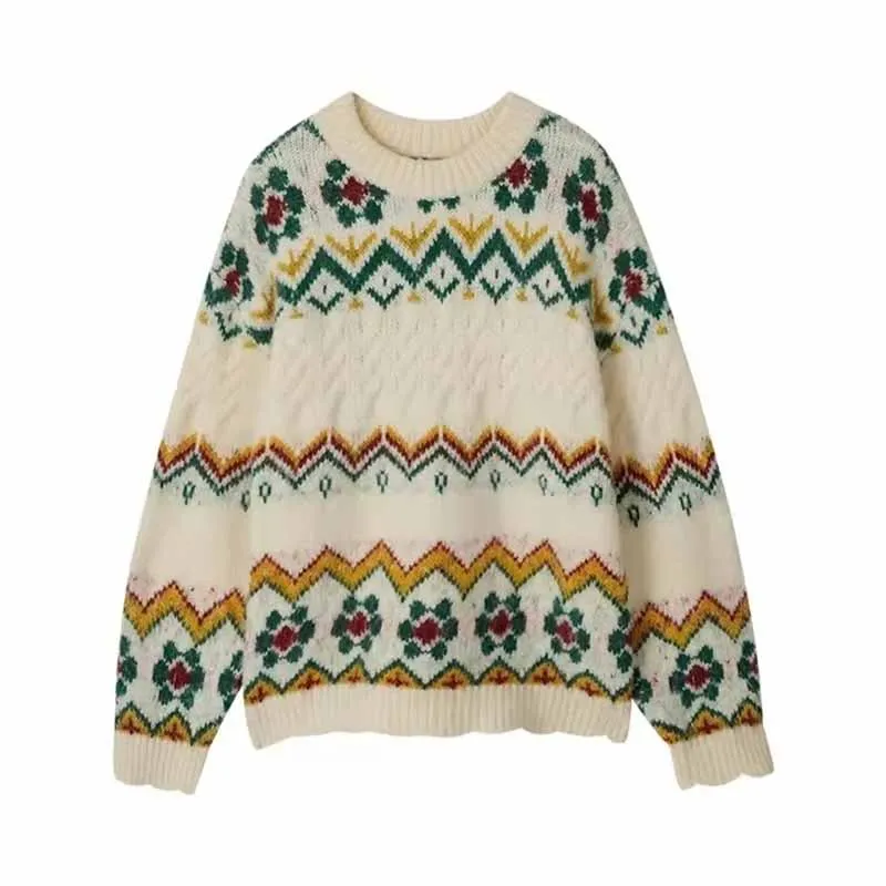 

Korean Style Fashion Pattern Sweater Women Winter Retro Thickened Loose Round Neck Pullover Long-Sleeved Knitted Jacket Top Tide