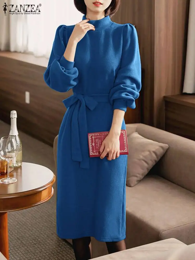 ZANZEA 여성용 빈티지 벨트 플리스 드레스, 스탠드 칼라, 원피스 패션, 단색, 겨울 미디 로브, 2023 캐주얼 긴팔 드레스 