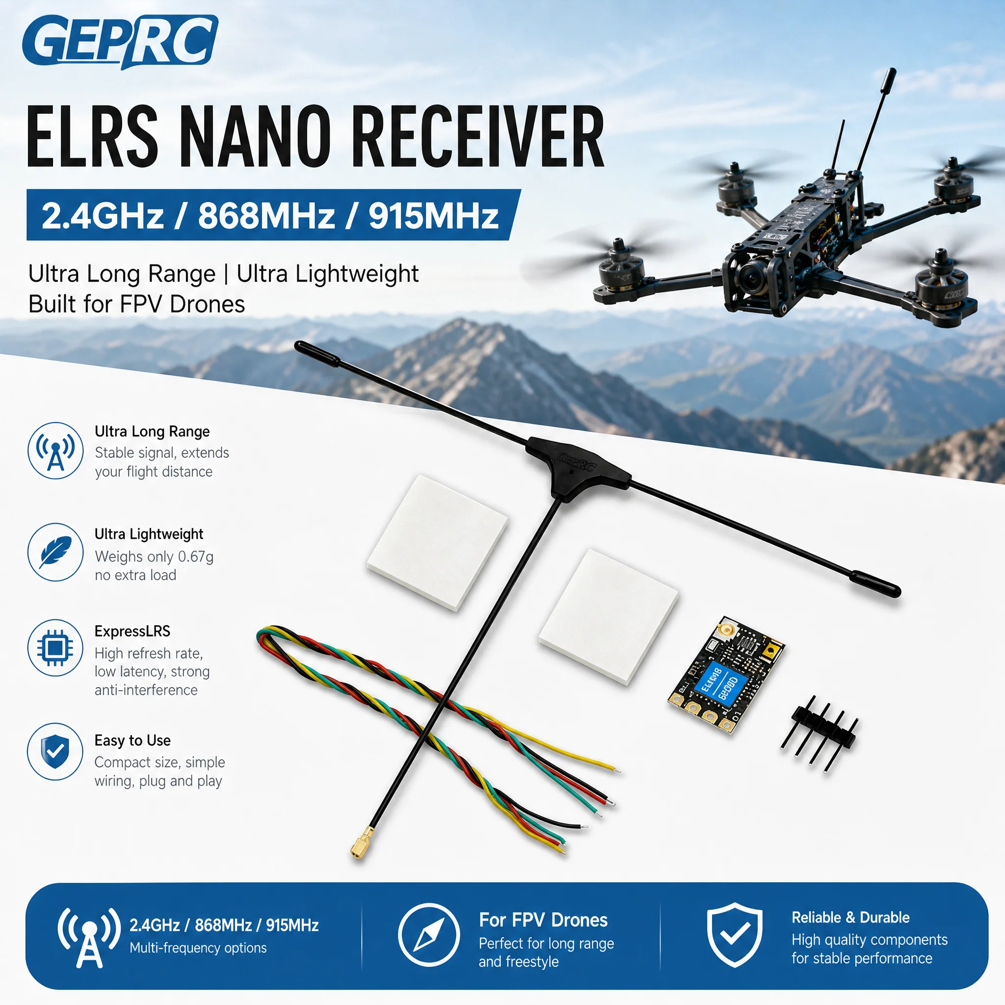 GEPRC ELRS Nano-Empfänger 2,4GHz 868MHz 915MHz ExpressLRS Langstrecken-Empfänger für FPV-Drohnen