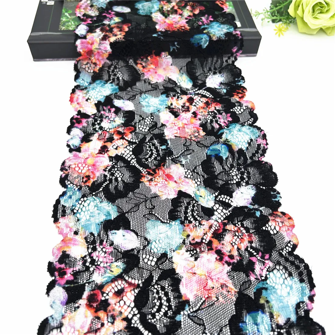 3y/lot Width18cm Mixed Black Floral Elastic Stretch Lace Trim 4
