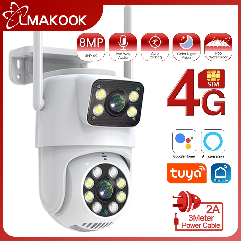 

LMAKOOK 4K 8MP Dual Lens PTZ WIFI Camera Dual Screen Ai Human Auto Tracking Outdoor 4MP Security Video Surveillance Camera Tuya