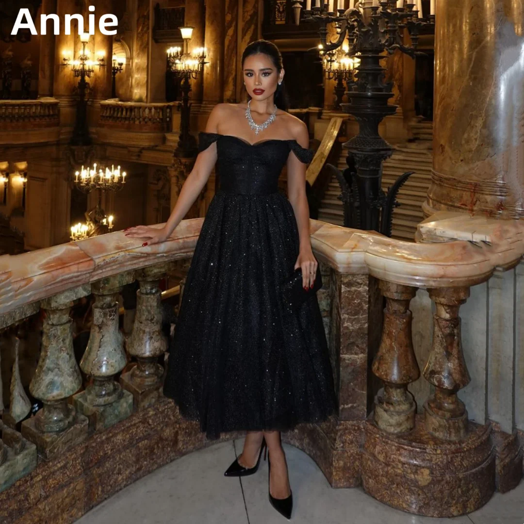 

Annie Glitter Tulle Prom Dresses Exquisite Ladies Black 2024 Evening Dress Off-the-shoulder Wedding Formal Occasions Party Dress