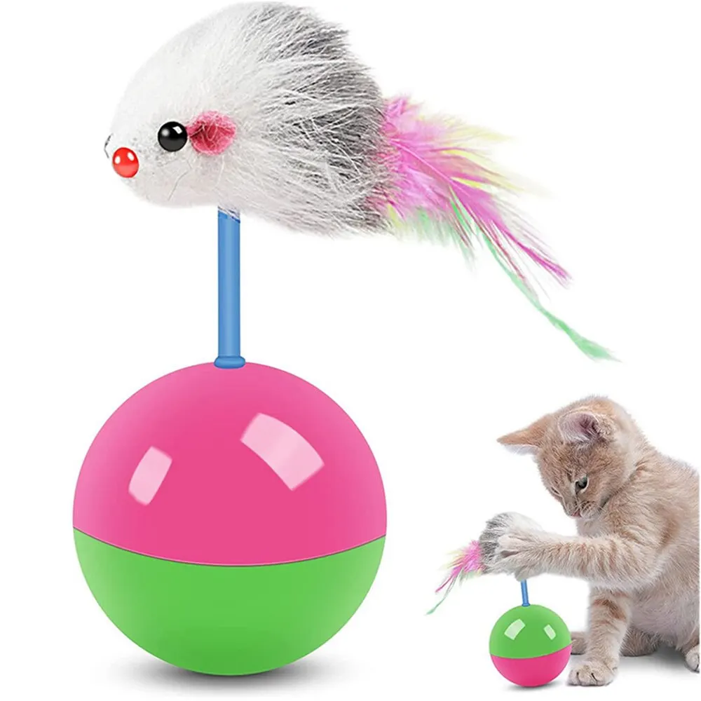 Cat Toys 2PCS Durable Colorful Feather Fur Mouse Tumbler Play Balls