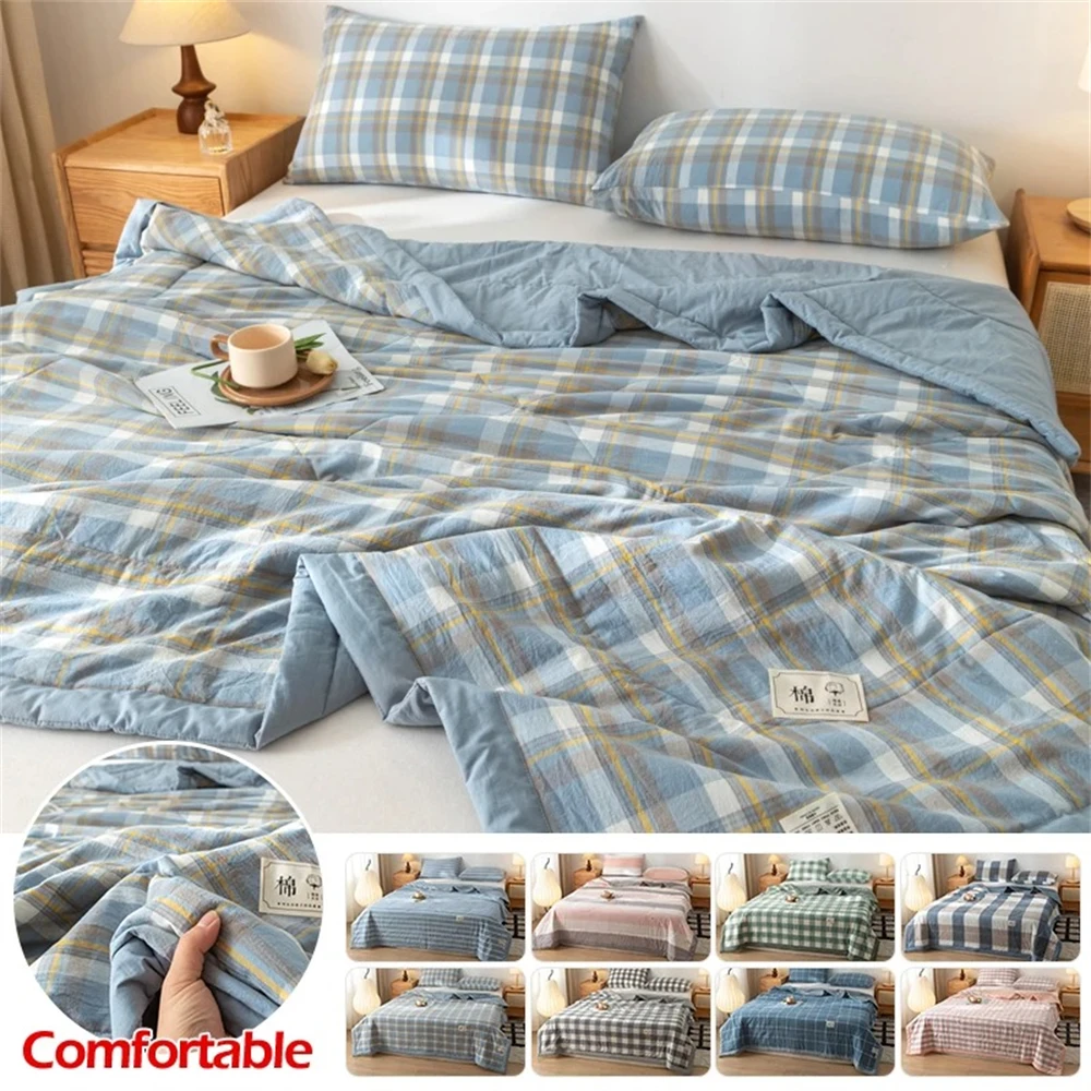 

Summer Quilt Cotton Air Condition Thin Blanket Stripe Lightweight Comforter Simple Style Breathable Bed Travel Quilts For Home