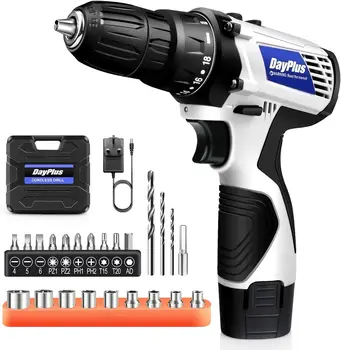 DayPlus Mini Cordless Drill Driver Kit,12V Electric Screwdriver Tool+LED Work Light,High Torque 45N.m,3/8Inch Keyless Chuck,18+1