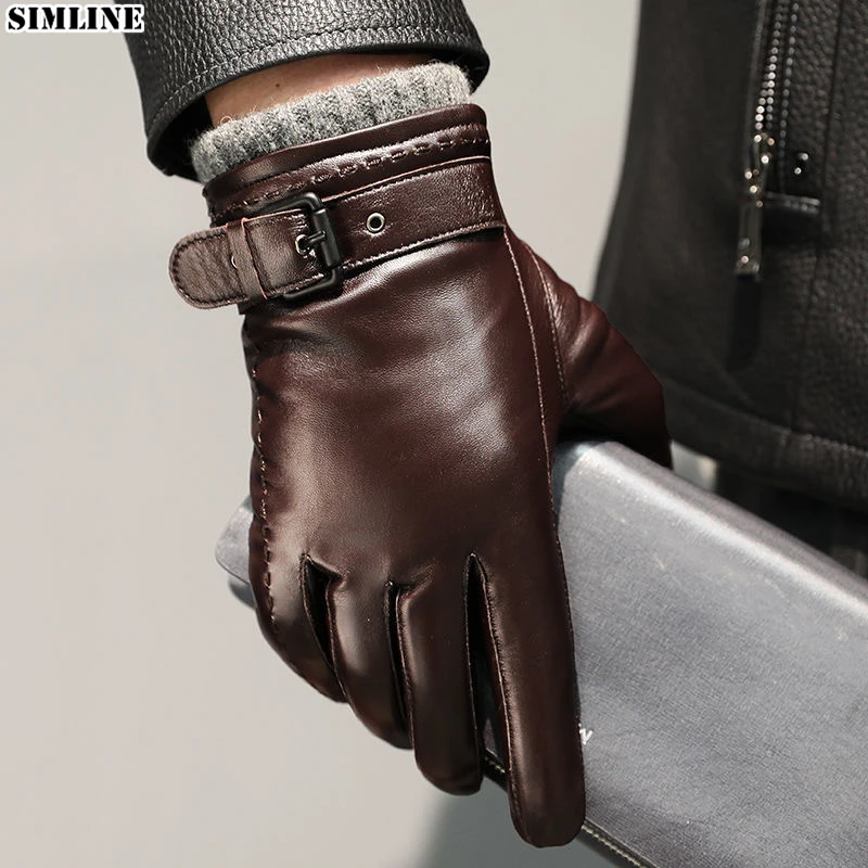 Genuine Leather Gloves For Men Male Sheepskin Touch Screen Winter Warm Windproof Mittens Driving Cycling Motorcycle