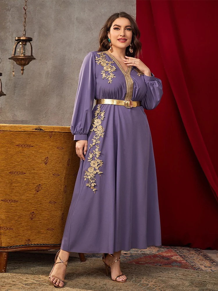 Women Plus Size Maxi Dresses 2023 New Spring Autumn Long Sleeve Luxury Chic Elegant Belt Applique Turkish Evening Party Clothing