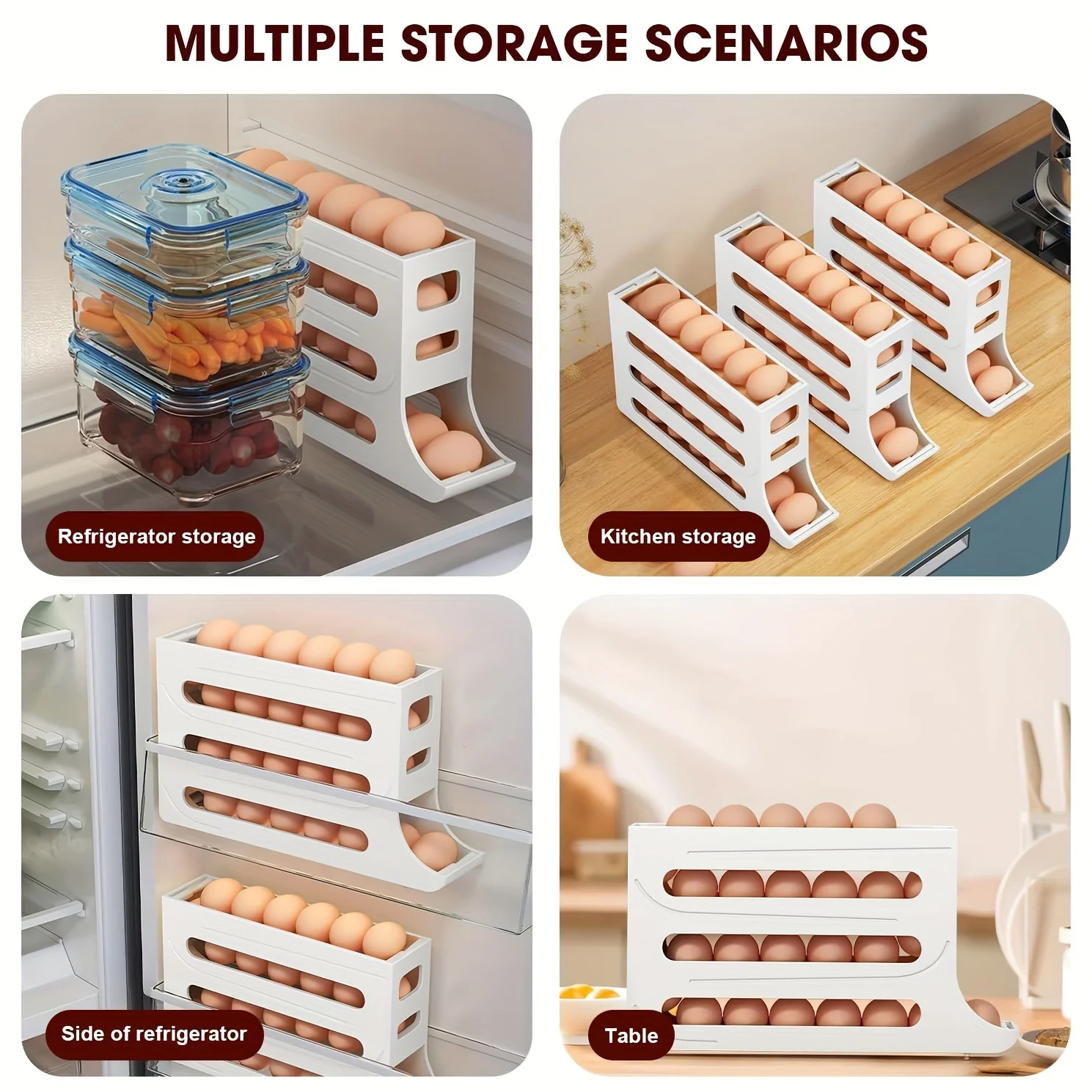 30 Eggs Egg Holder for Fridge - Auto Rolling Fridge Egg Organizer, Space-Saving Egg Dispenser Holder, 4 Tiers Fridge Egg Rack La 4