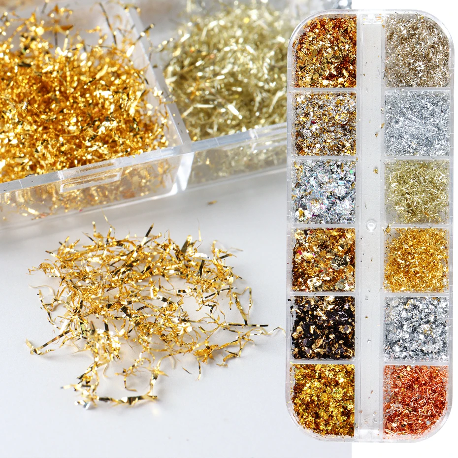 12 Color Gold Foils Gorgeous Nails Glitter Random Aluminum Flakes Paillette Chip Nail Design Shinny Sparkles Nail Art Decoration 4