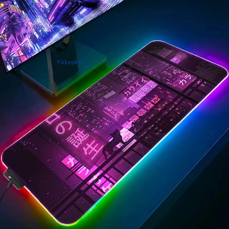 Tapete de Mesa do Teclado das Almofadas de Mesa dos Mousepads do Japão com Backlit a Grande Almofada do Rato do Rgb Xxl Roxa Cidade Neon Conduziu a Esteira do Rato - Imagem 3