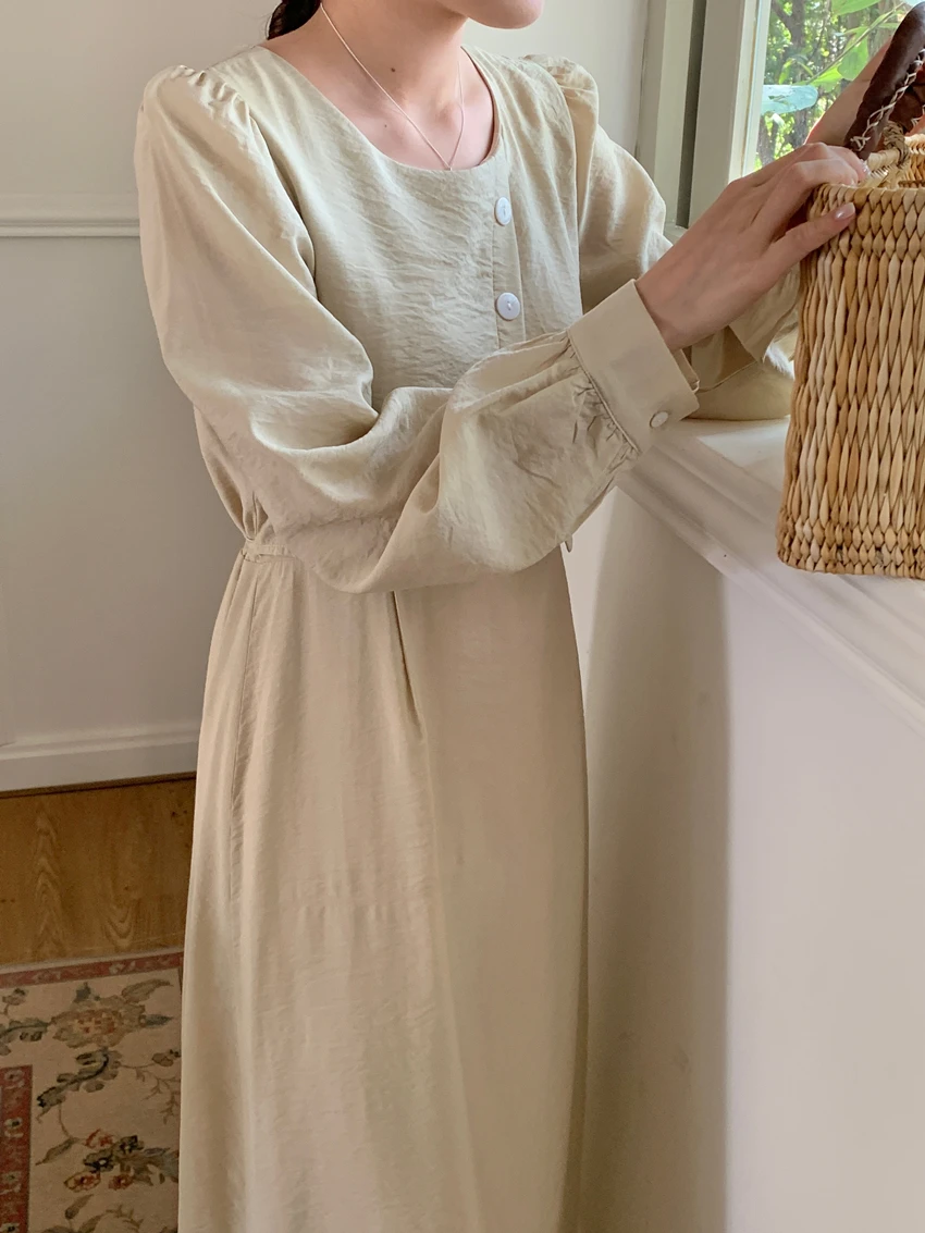 Sommer neue einfarbige schlanke Frauen Kleid süße Damen Frau Freizeit kleid lose Retro gefälschte zweiteilige lang ärmel ige Kleid weiblich – Detail 14