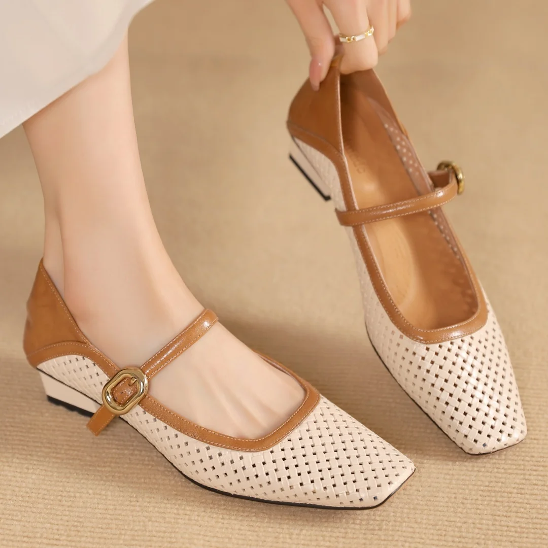 

Plus size 34-41 women's genuine leather mix color patchwork Mary Jane flats hollow-out summer breathable casual female soft shoe