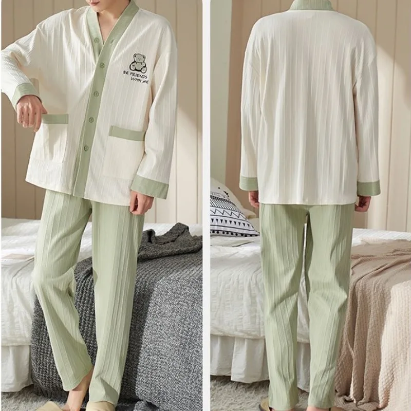 Couple Pajamas Women Men Spring Fall Loungewear Long Sleeve Pants Cotton Sleepwear Set Korean Loose Youth Homewear Outfit Pijama