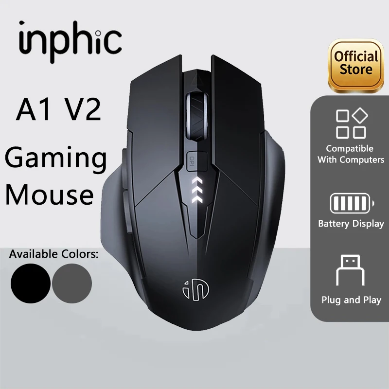 INPHIC A1 V2 게이밍 에디션 무선 마우스 12800DPI 배터리 잔량 표시 TYPE-C 충전 1K 폴링 레이트 PC 노트북용