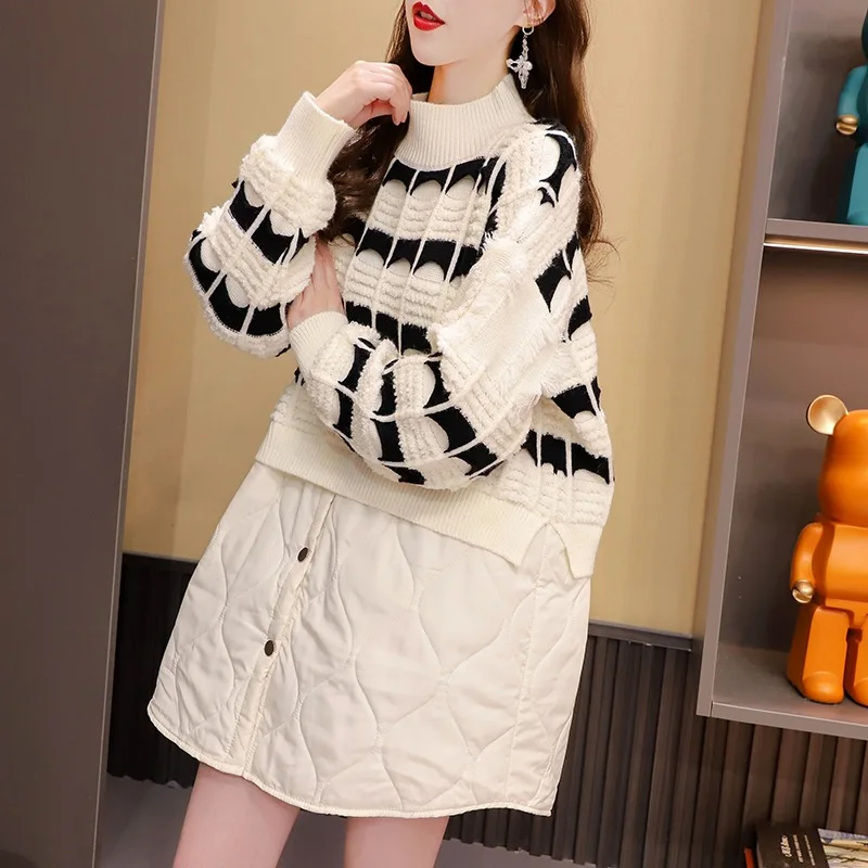 

#3848 Winter Black Beige False Two Piece Sweater Women Loose Split Joint Irregular Knitted Sweater Female Warm Half High Collar