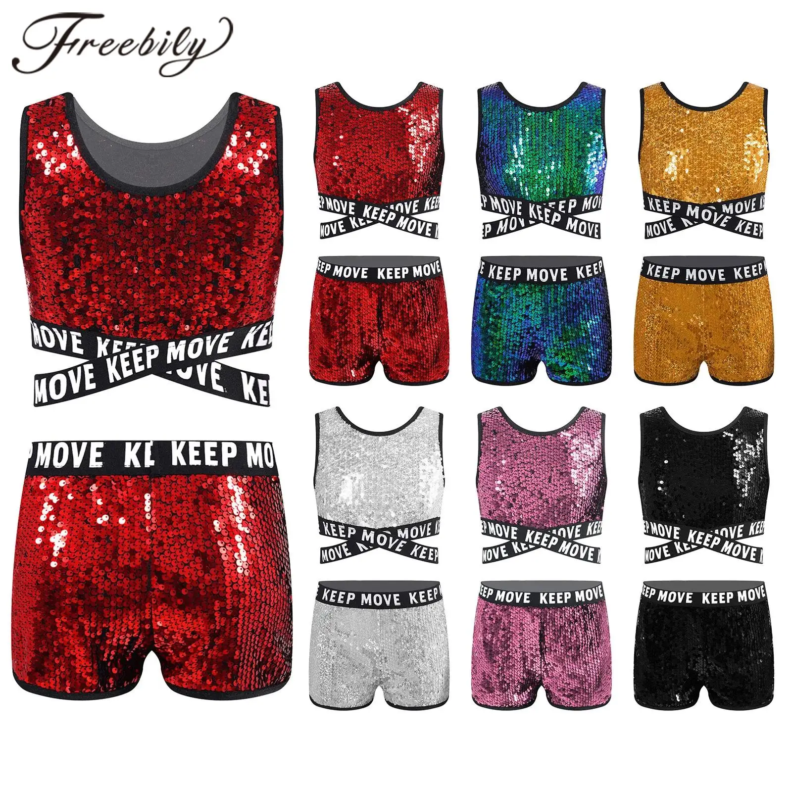 Kids Girls Cheerleading Uniform Sequins Cheer Jazz Dance Clothes Set Children Hip-hop Costume Dancewear Cheerleader Outfits