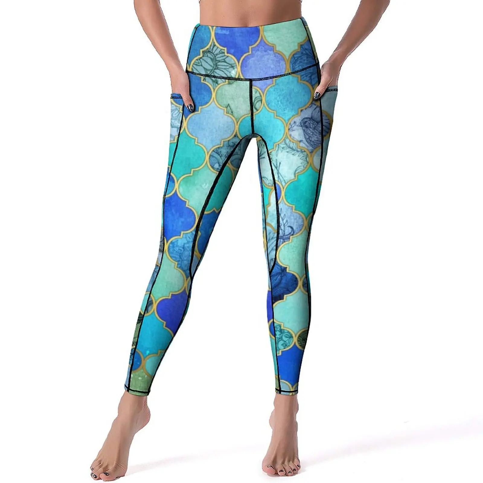 

Retro Geo Print Yoga Pants With Pockets Moroccan Tile Leggings Sexy Push Up Novelty Yoga Sports Tights Elastic Gym Leggins