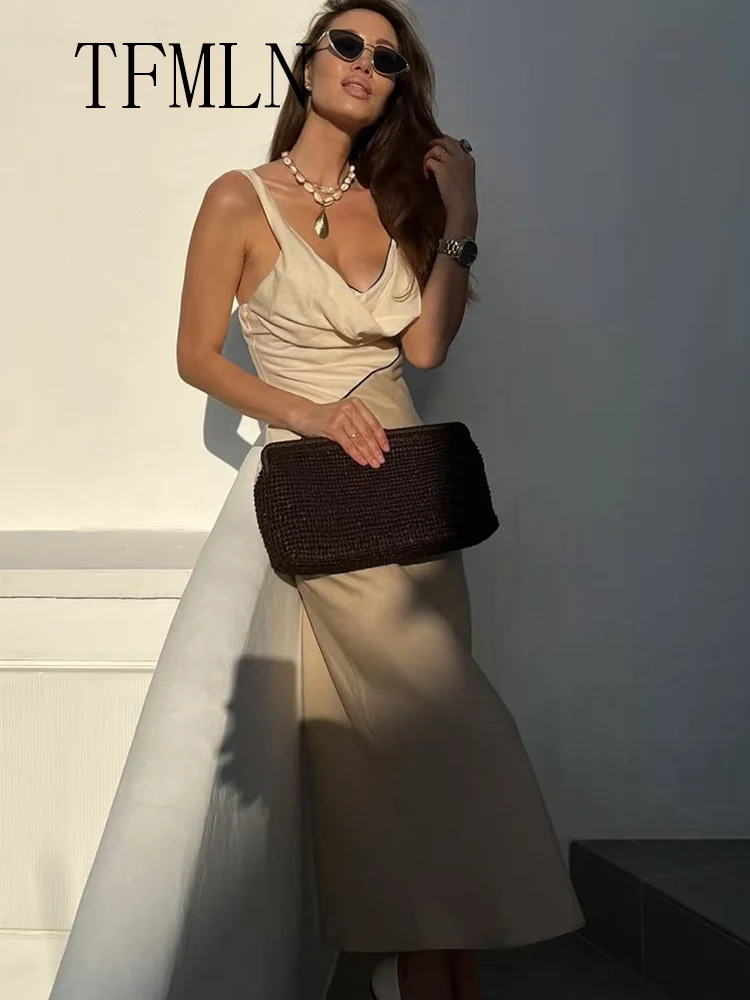 TFMLN Elegant Women Patchwork Slim Strap Dress 2025 Summer Pile Collar Sleeveless Beach Party Dress Sexy Asymmetrical Midi Dress