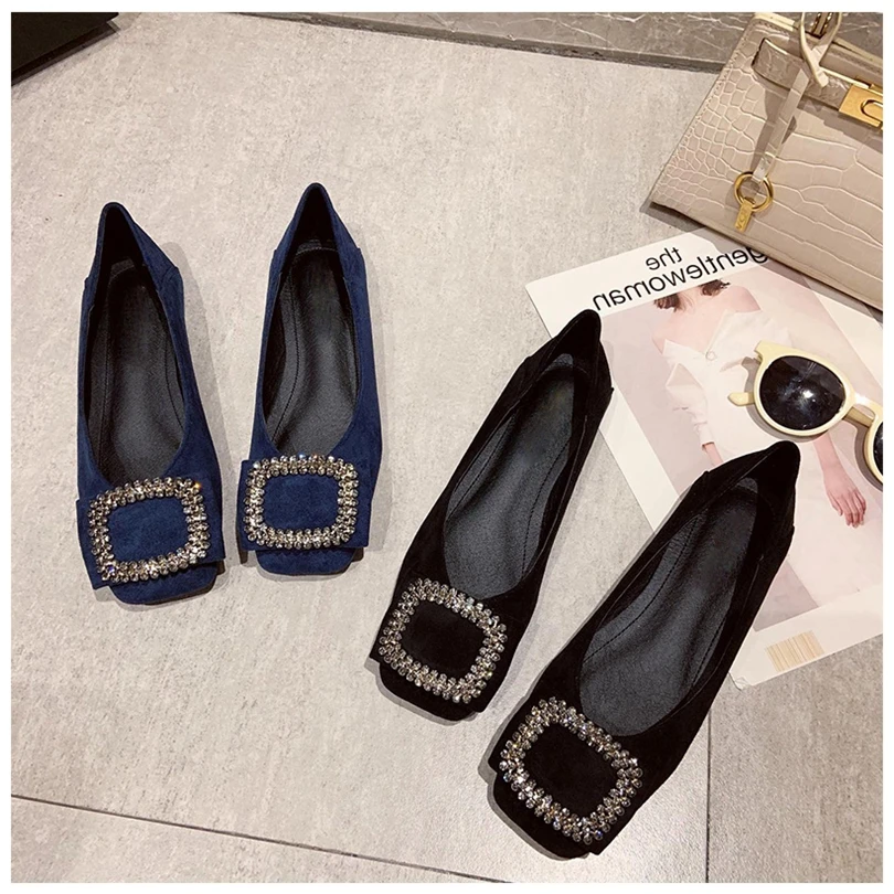 Square toe flat shoes for women spring summer new square buckle diamond shallow cut women shoes boat shoes large size 44 45 46 4