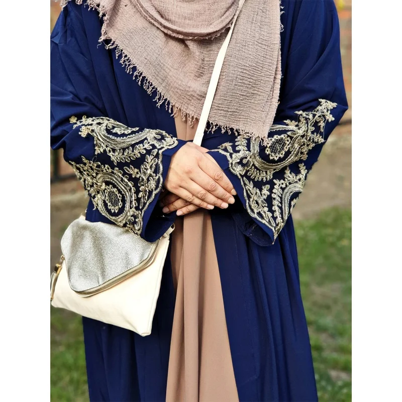 Muslim Women's Robe Lace Stitching Fashion Cardigan Slim Robe Dubai Abaya