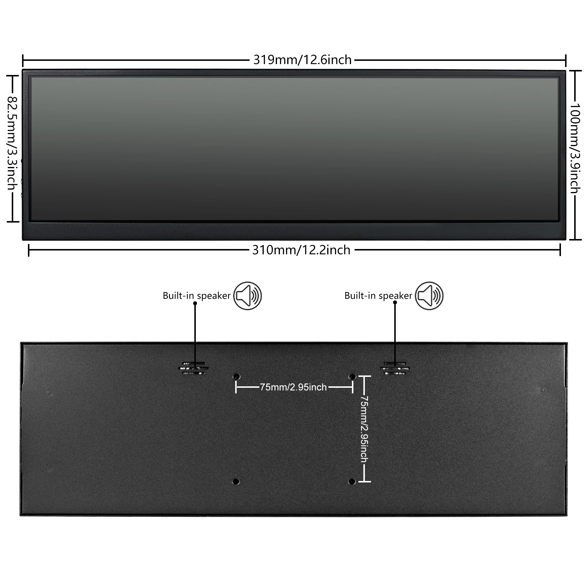 Wisecoco 휴대용 모니터 IPS 터치 스크린 바, LCD 디스플레이, 자동차 모니터 GPU 컴퓨터 케이스, 서브 스크린, 라즈베리 파이, 12.6 인치