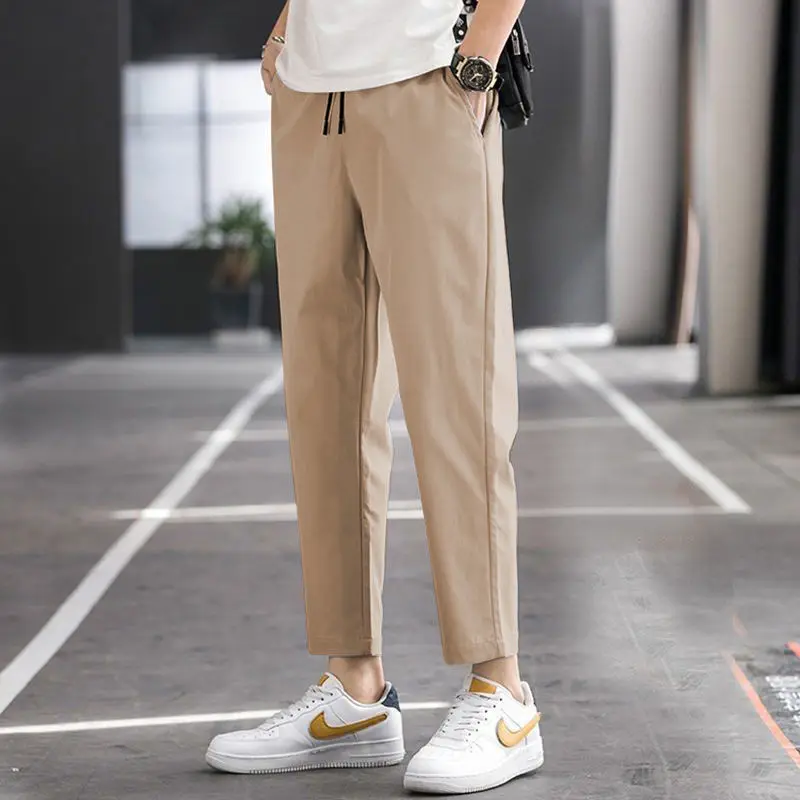 Summer Korean Men Casual Straight Cropped Pants Streetwear Fashion Elastic Waist Drawstring Basic Solid New Thin Slim Trousers