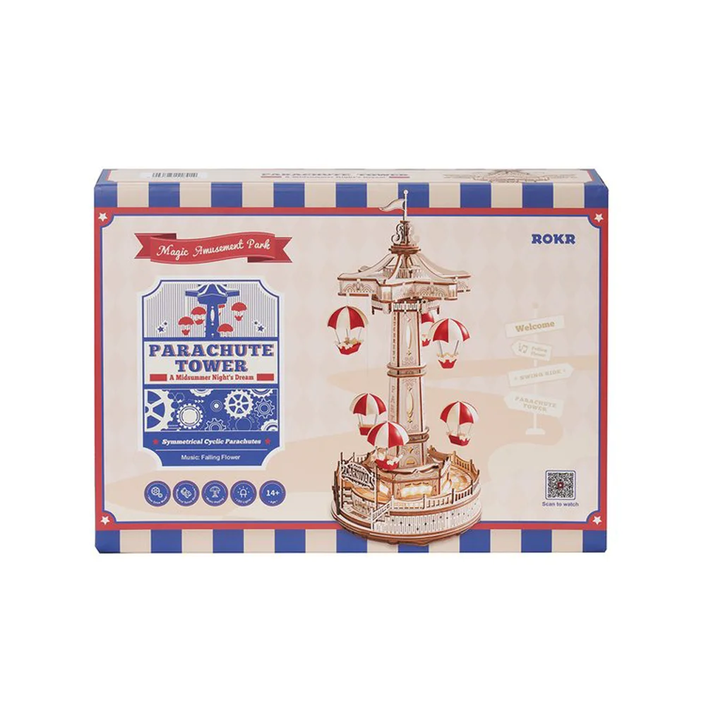 Robotime ROKR Parachute Tower DIY Music Box Moveable Magic Amusement Park For Kids Birthday Xmas Gifts 3D Wooden Puzzle 5