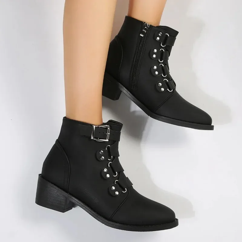 2023 NEW Chunky Heel Pointed Toe Short Leather Boots Women Zipper Buckle Medium Heels Knight Boot Women's Footwear Large Size 43