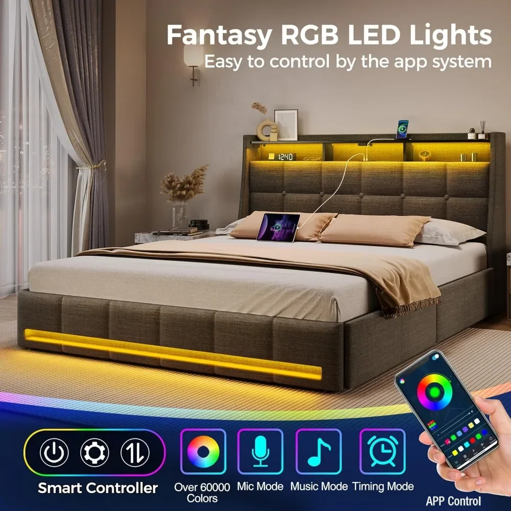 NEW-Rolanstar Full Size Bed Frame with LED Lights and Charging Station, Upholstered Bed Storage Headboard & Drawers, Heavy Duty