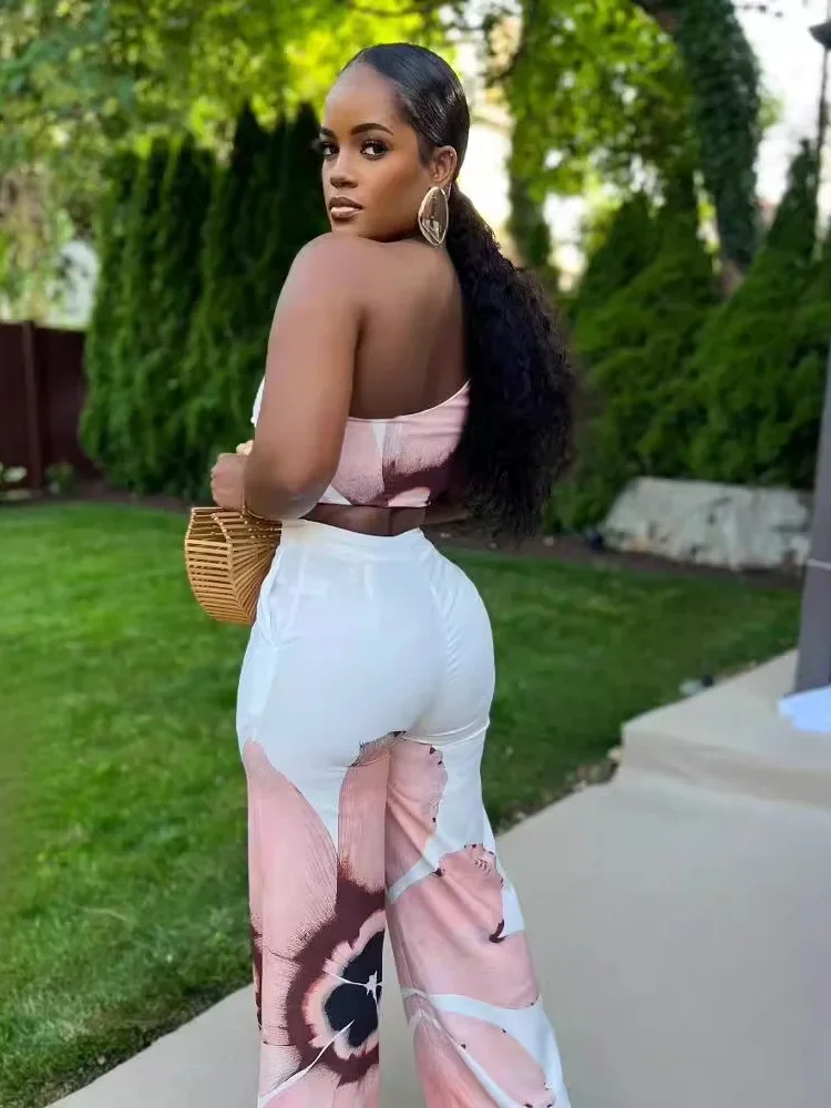 Wmstar Women Two Piece Set Casual Floral Print One Shoulder O Rings Crop Tops Wide Legs Pant Vacation Clubwear Tracksuit Set