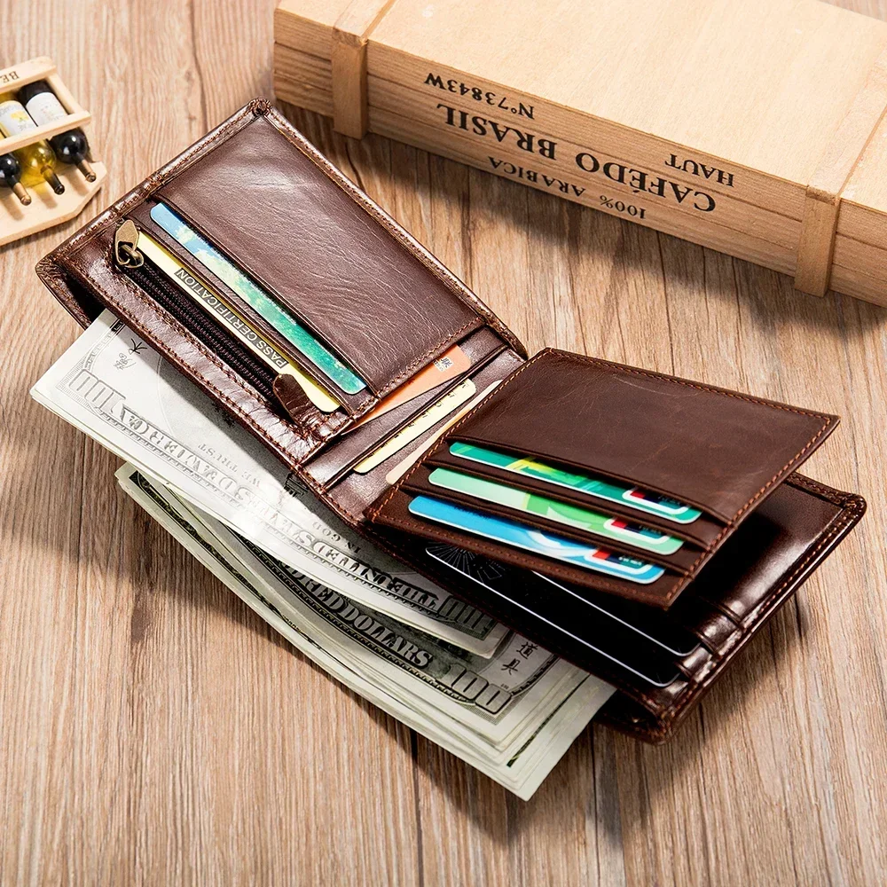 Men Wallets 100% Genuine Cow Leather RFID Anti-theft Short Leather Men Purse High Quality Luxury Brand Male's Wallet Card Holder 2