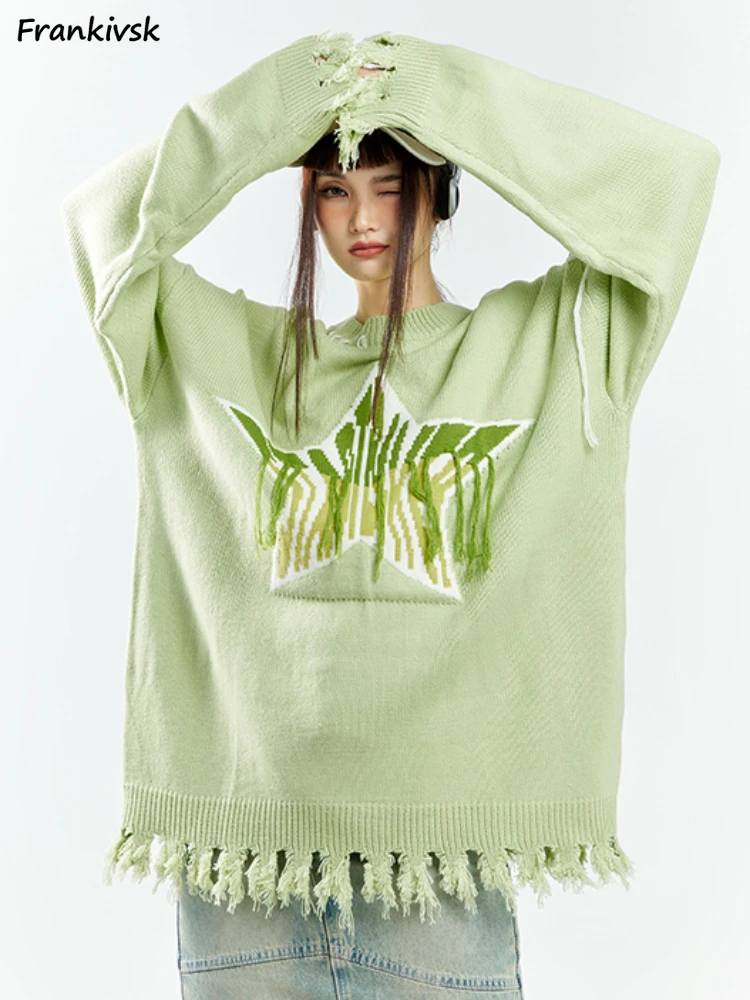 

Tassel Sweaters Women Loose Geometric Ripped Embroidery Vintage American Style High Street Slouchy Autumn Winter Pullover Retro