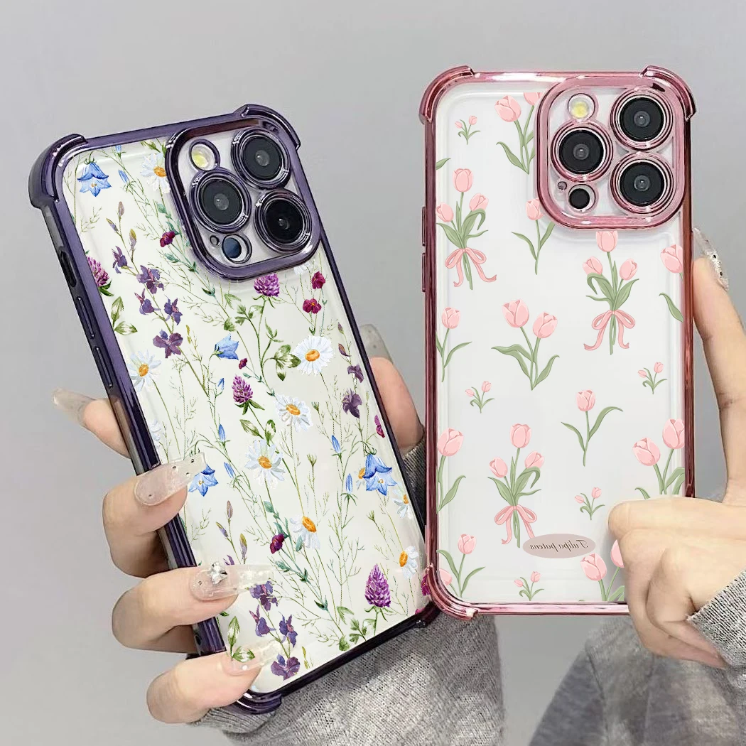Retro Flower Plating Shockproof Clear Phone Case