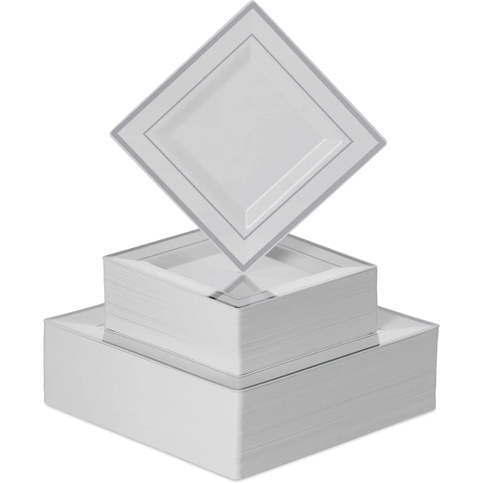 US 100 PCS Disposable Plastic White Square Plates, 100-Pack 6.5 & 10 In. Combo Premium Heavy Duty Silver