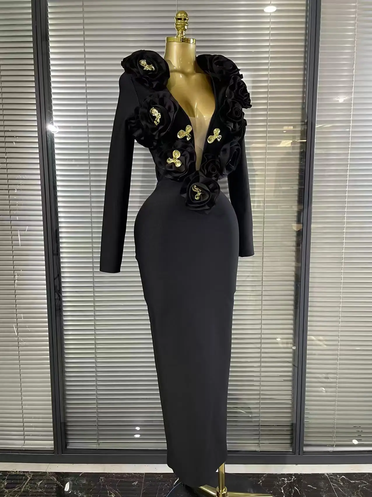 Red Black Women Long Sleeve V-Neck Florals Golden Sequined Bodycon Long  Bandage Dress Elegant Evening Party Birthday Outfit
