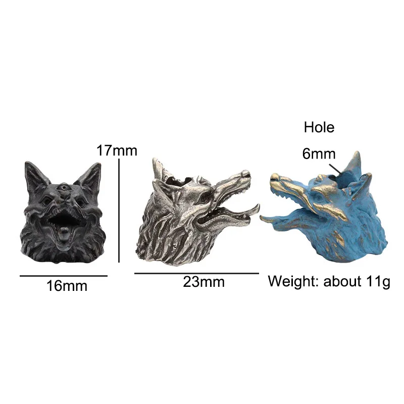 Three Eyes Wolf Head Sculpture Brass Knife Beads DIY Paracord Handmade Woven Lanyard Pendant Accessories EDC Outdoor Charms Tool