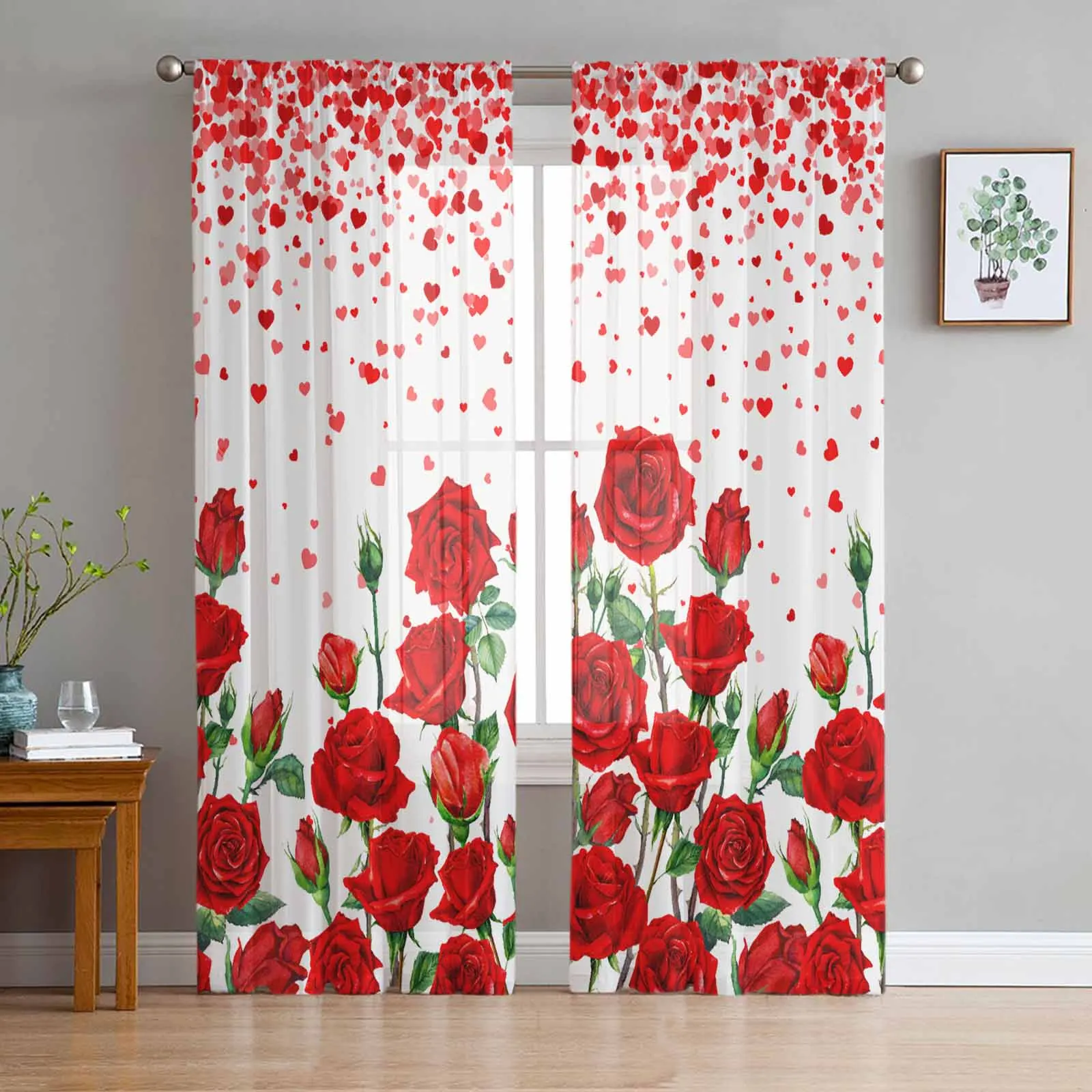 

Valentine'S Day Hearts Red Roses Sheer Curtains for Living Room Kitchen Window Curtains Bedroom Tulle Voile Curtains